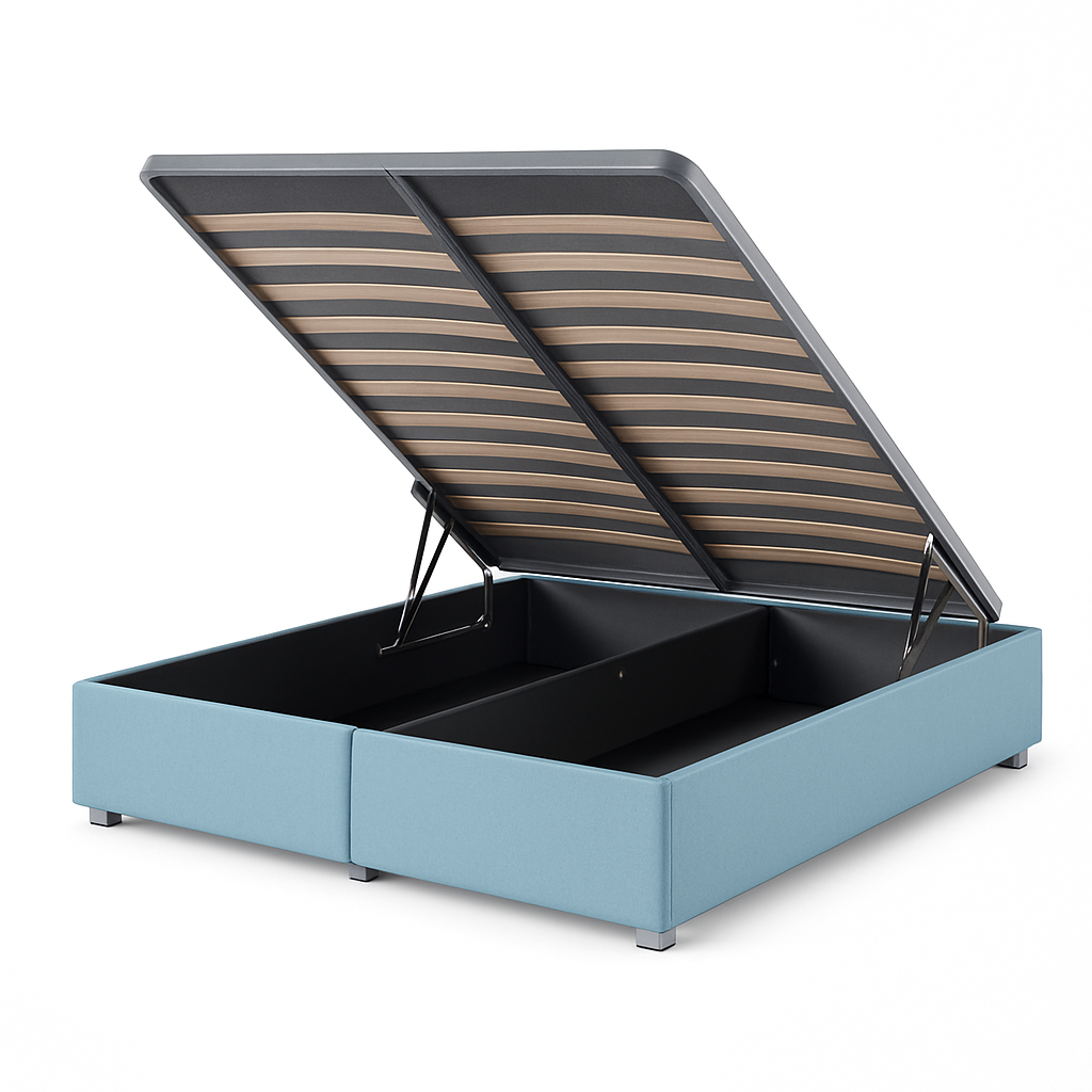 Box spring vs slat base – bed base with a lift-up slatted frame and storage space