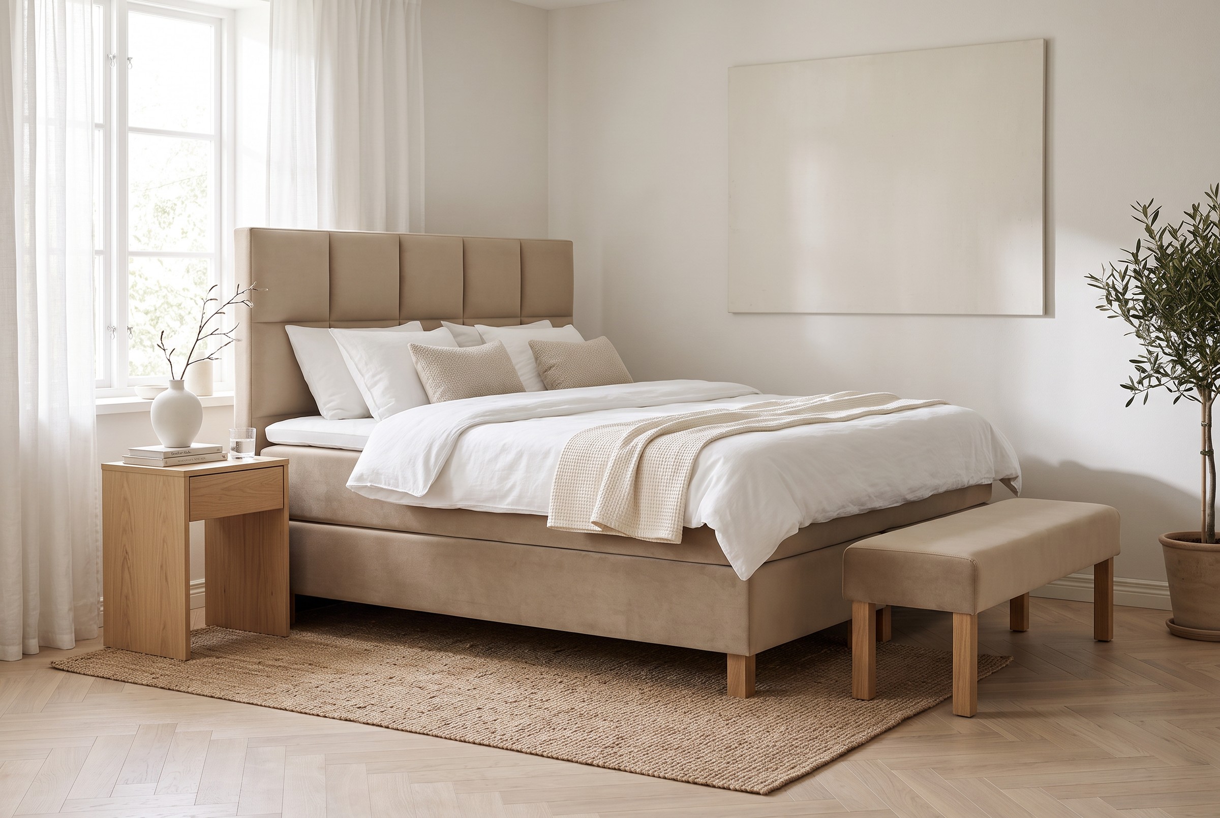 Kontinentální postel MAGNUM Online edice v látce Palladium Sand se springboxem na pevných nohách ve světlé ložnici